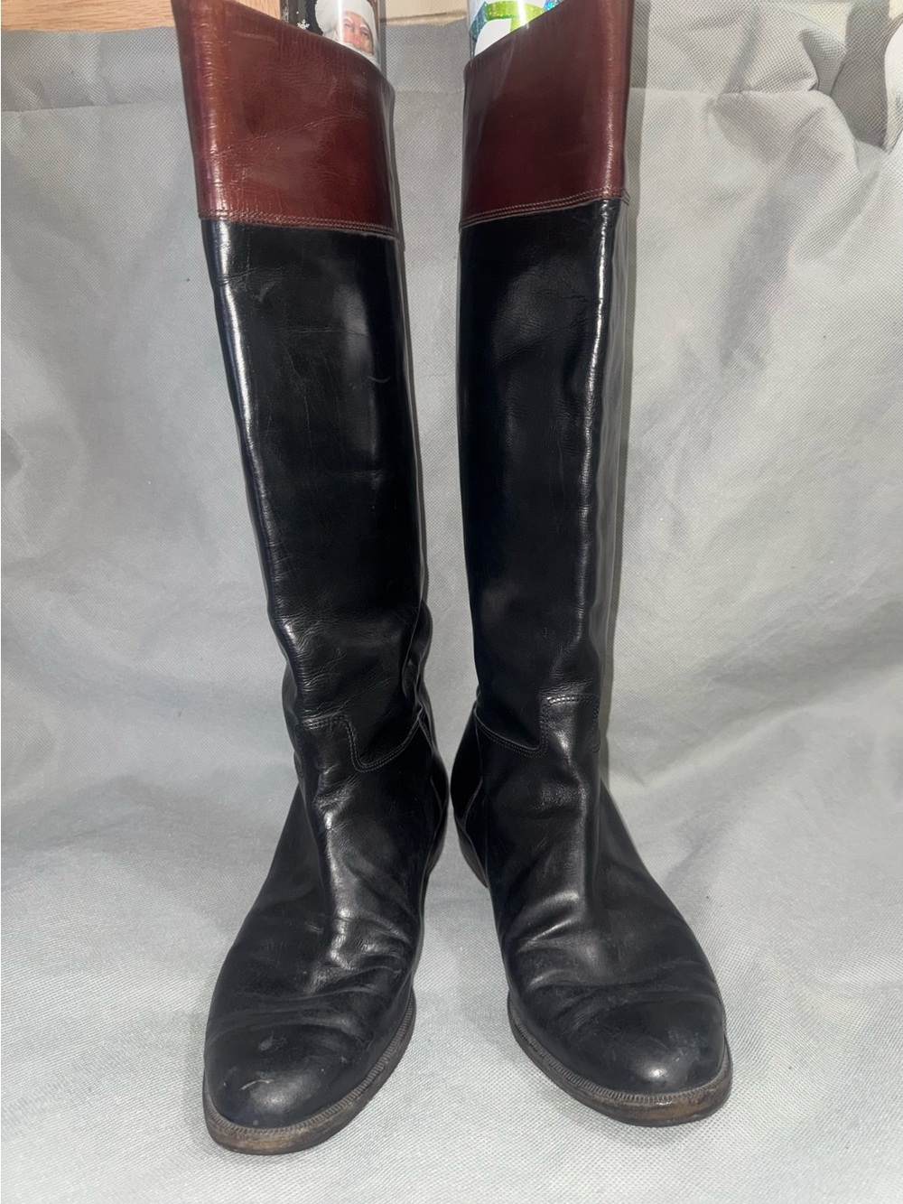 Vintage Salvatore Ferragamo Two-Tone Leather Riding Boots Black Brown Size 8 B